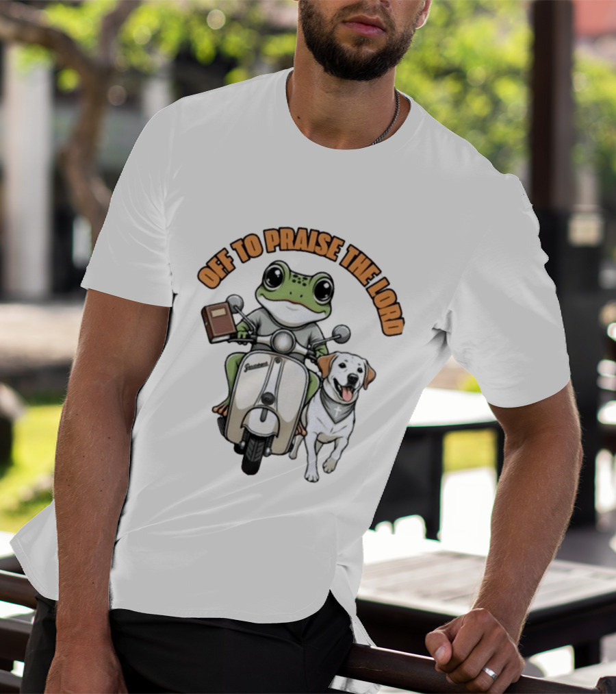Off To Praise The Lord Frog Riding Scooter Labrador T-Shirt