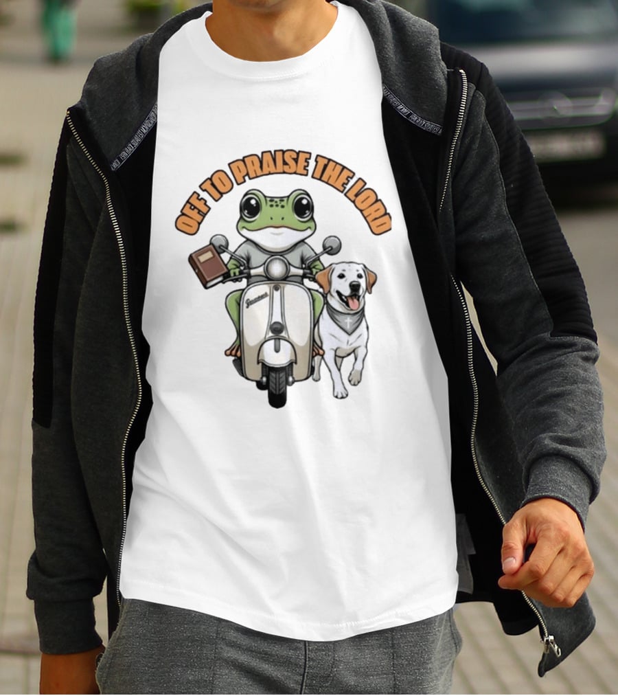 Off To Praise The Lord Frog Riding Scooter Labrador T-Shirt