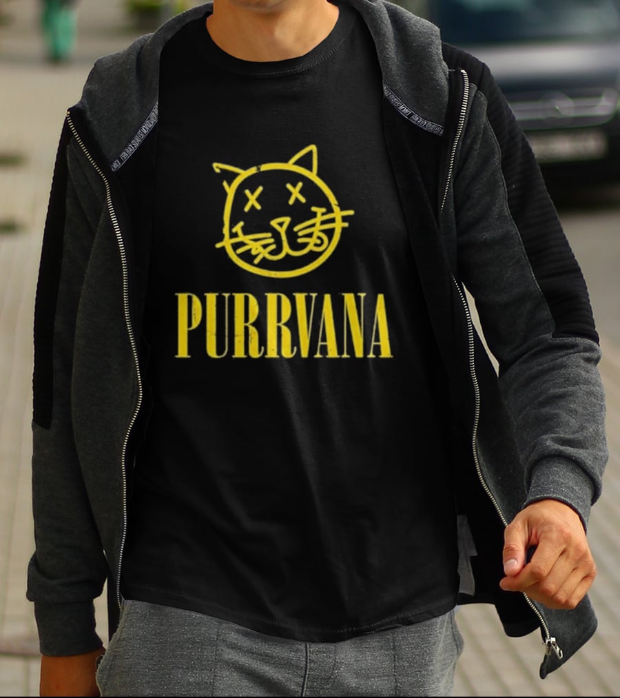Purrvana Cat Face Yellow Grunge Style Kitty T-Shirt