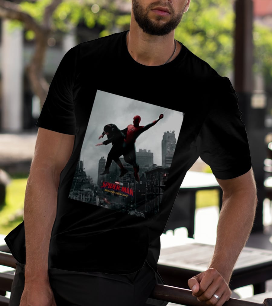 Spider Man Brand New Day Marvel Comic Scene Flying Over City Skyline T-Shirt