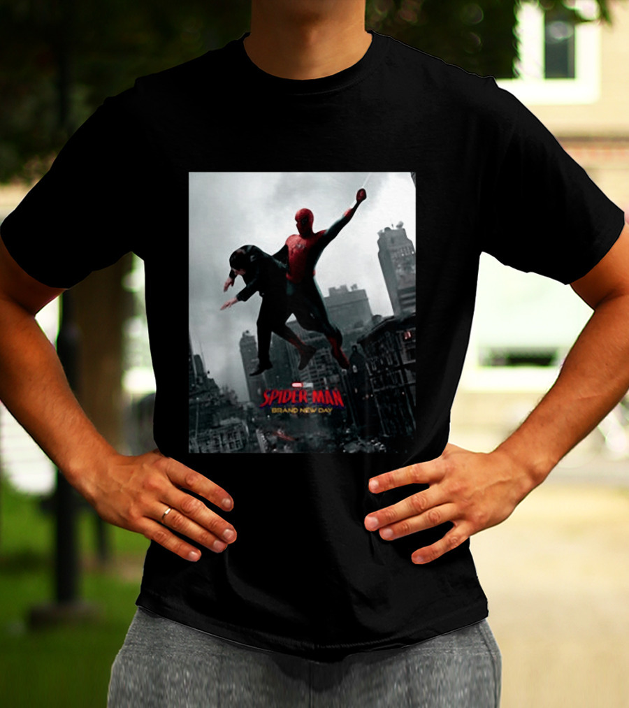 Spider Man Brand New Day Marvel Comic Scene Flying Over City Skyline T-Shirt
