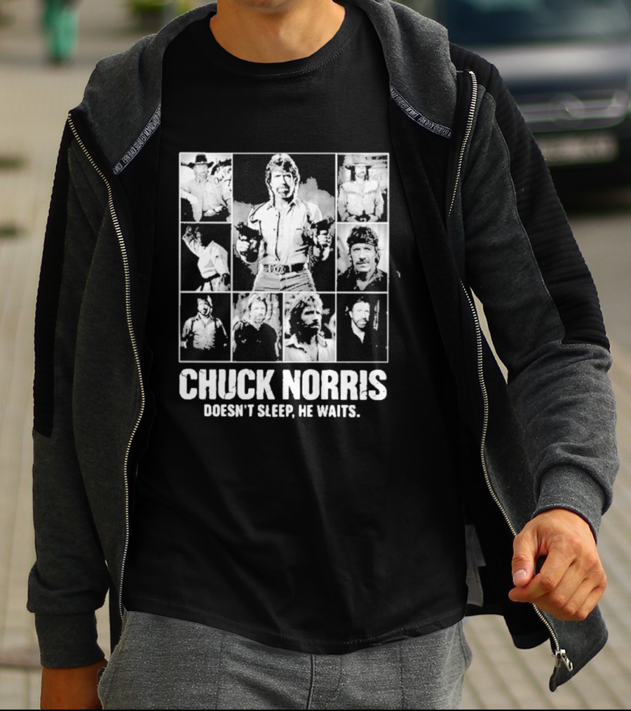 Chuck Norris Doesn't Sleep He Waits Iconic Photos Collage T-Shirt
