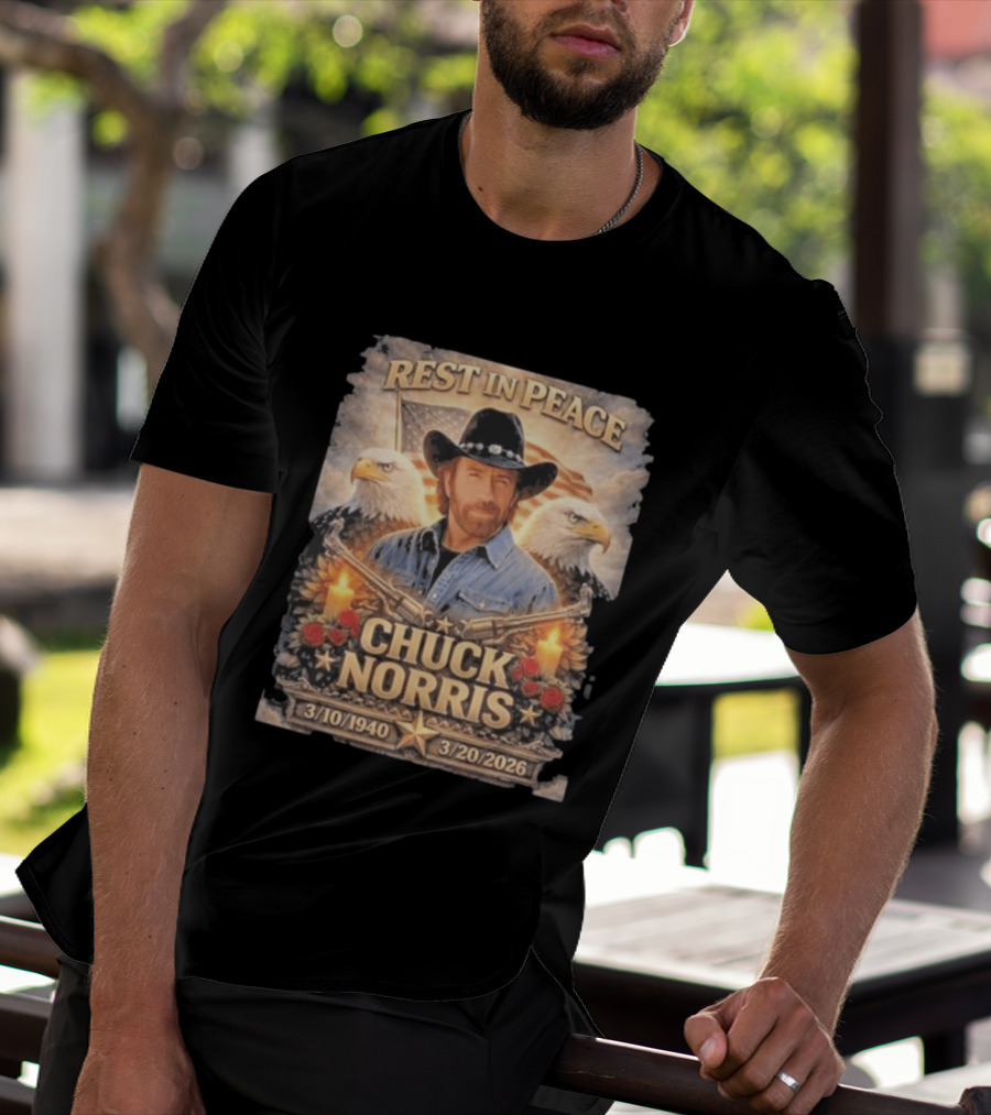 Rest In Peace Chuck Norris With Bald Eagles American Flag And Candles T-Shirt