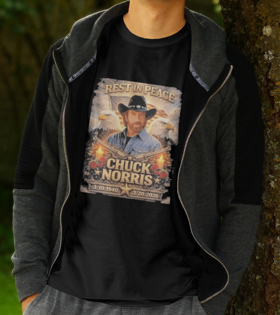 Rest In Peace Chuck Norris With Bald Eagles American Flag And Candles T-Shirt