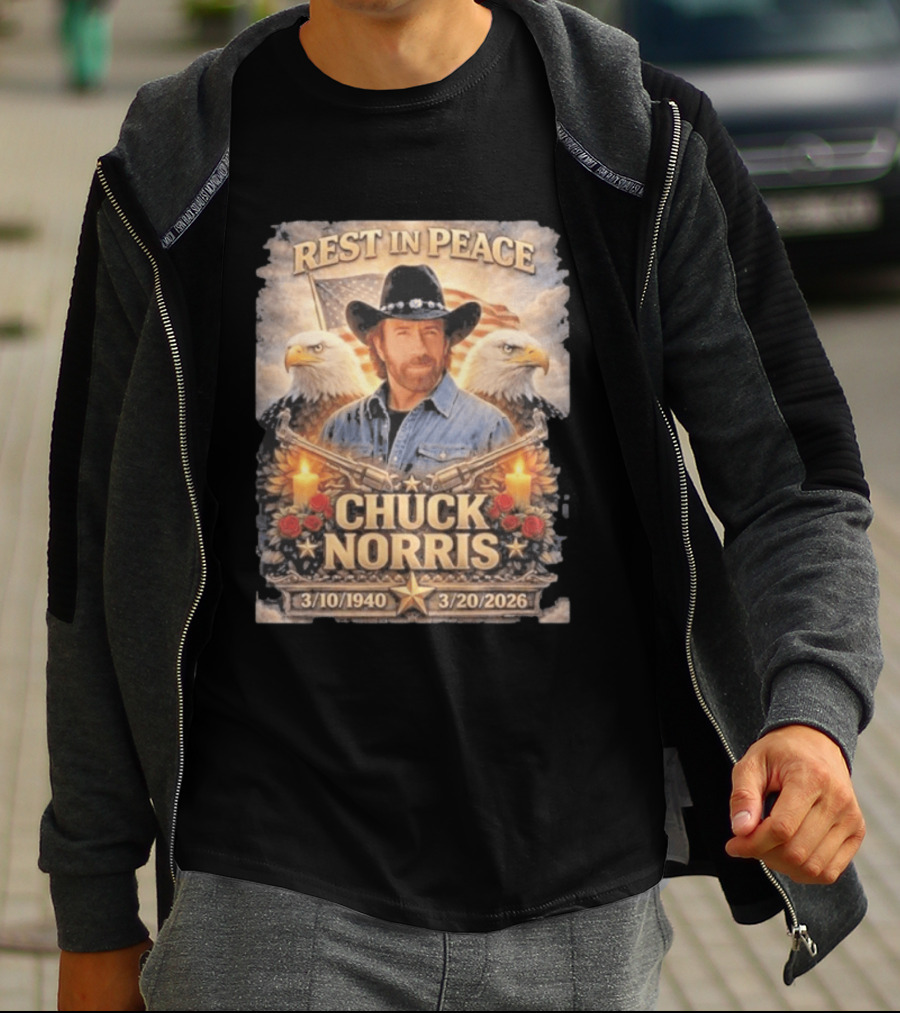 Rest In Peace Chuck Norris With Bald Eagles American Flag And Candles T-Shirt