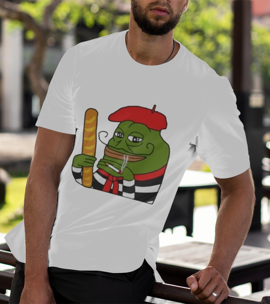 S French Pepe With Baguette And Cigarette Beret Comedy Meme T-Shirt