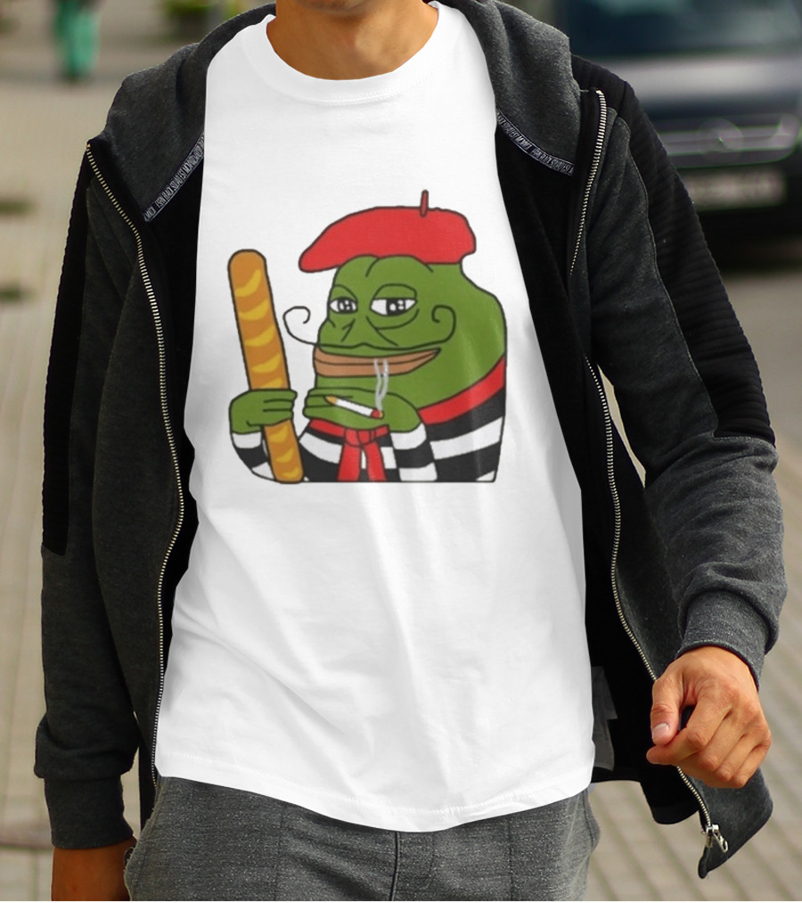 S French Pepe With Baguette And Cigarette Beret Comedy Meme T-Shirt