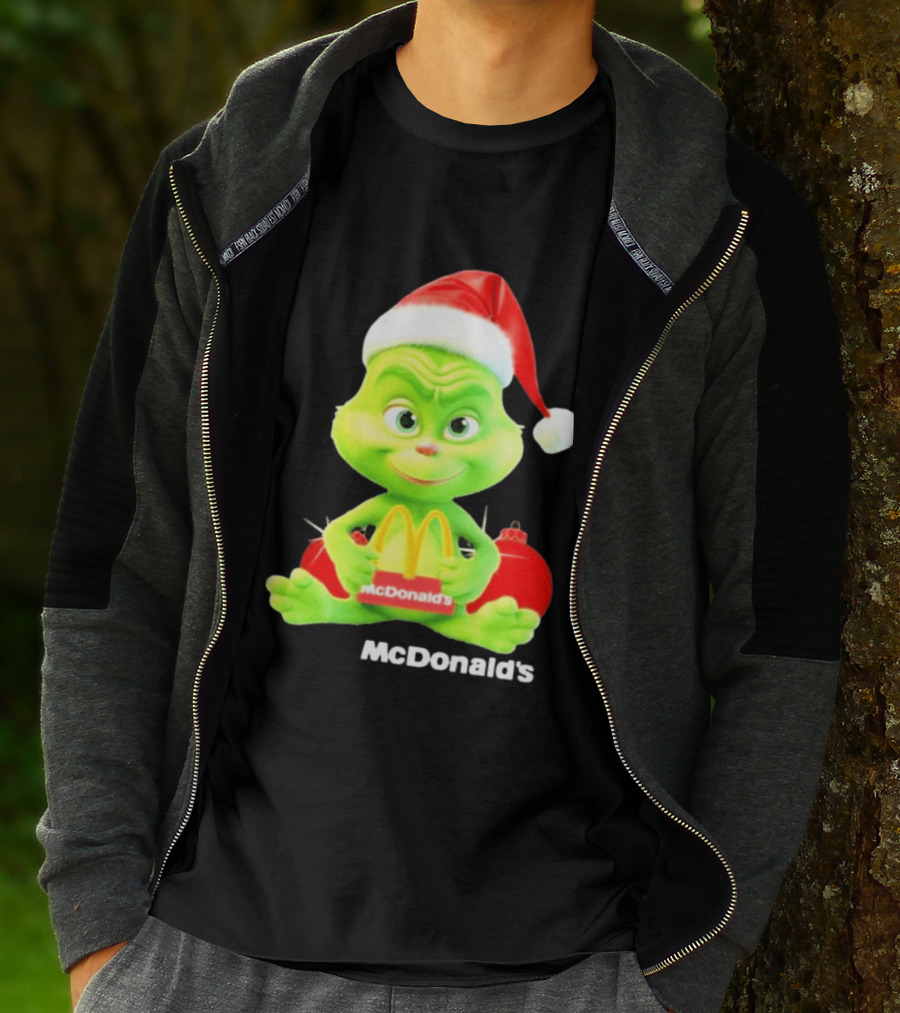 Santa Baby Grinch McDonald's Holding Happy Meal With Santa Hat And Gift Bags T-Shirt