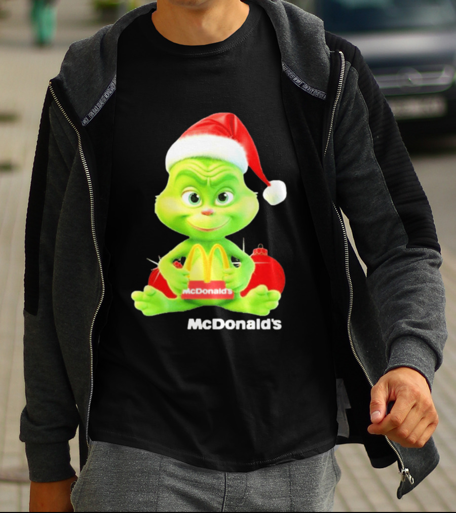 Santa Baby Grinch McDonald's Holding Happy Meal With Santa Hat And Gift Bags T-Shirt
