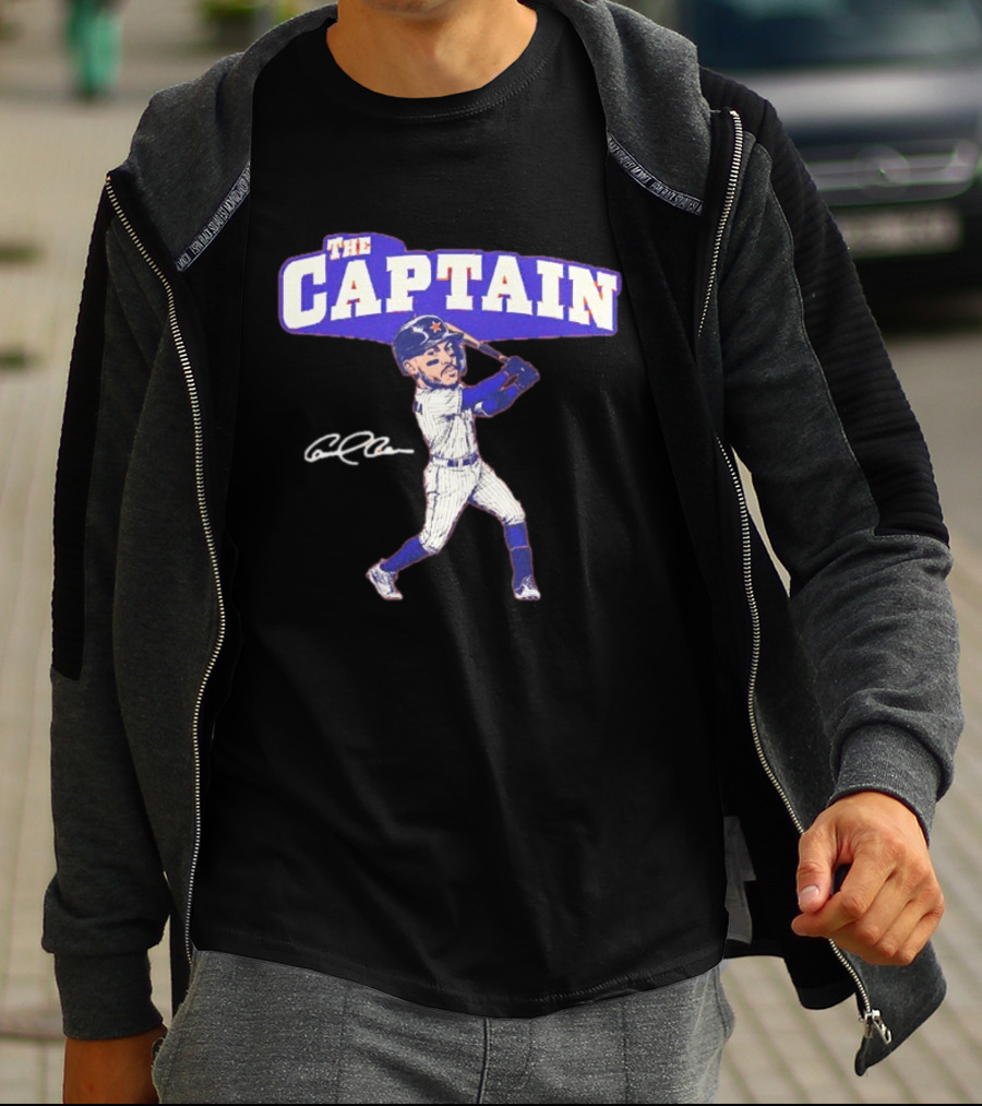 The Captain Carlos Correa Caricature Baseball Player Swinging Bat With Signature T-Shirt