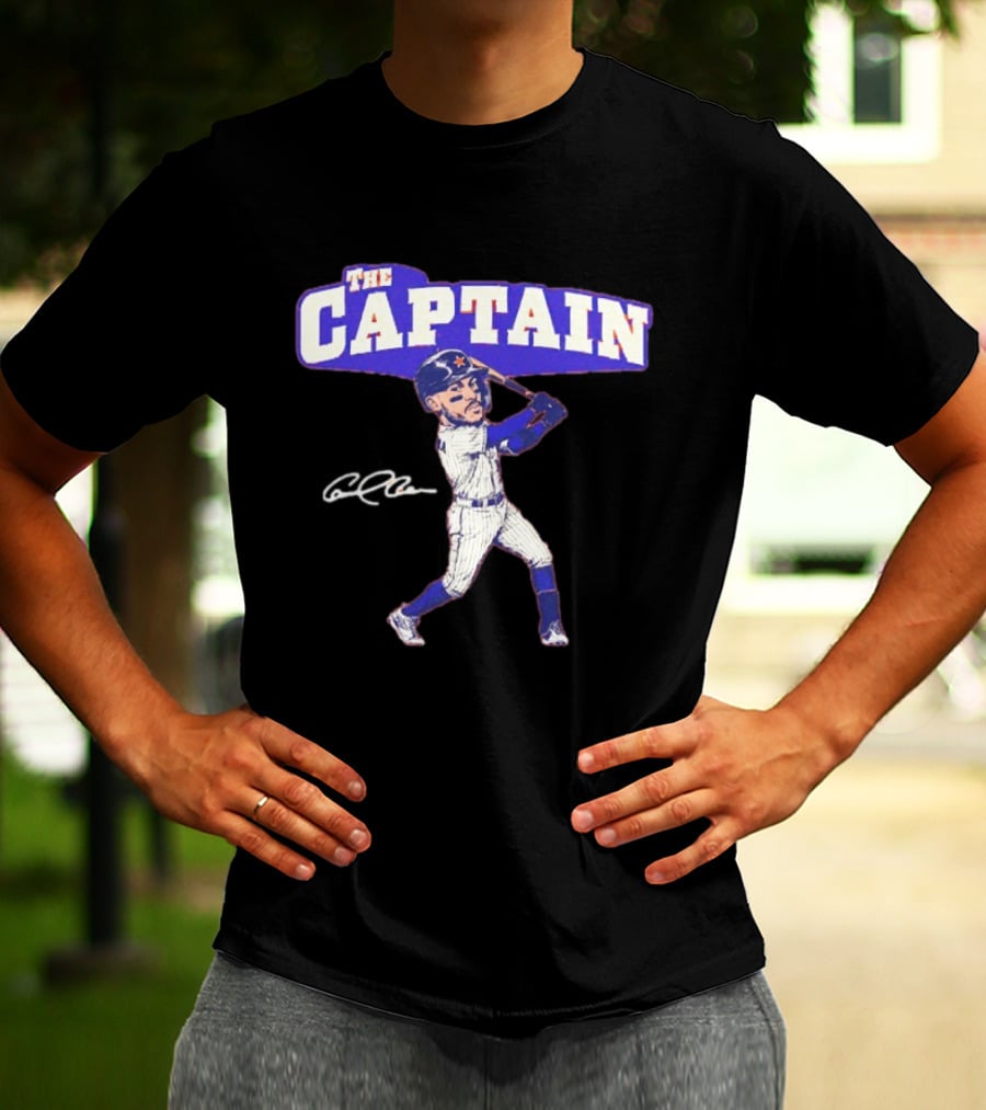 The Captain Carlos Correa Caricature Baseball Player Swinging Bat With Signature T-Shirt