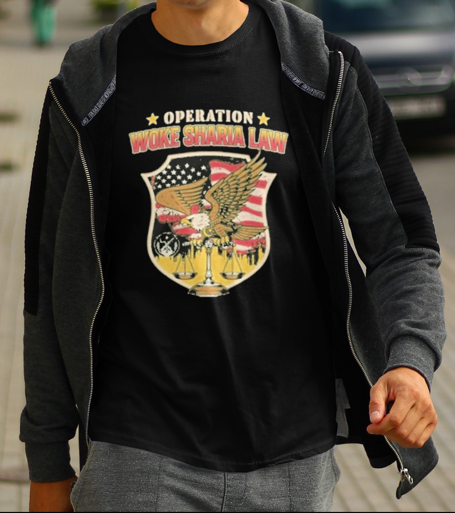 Operation Woke Sharia Law Eagle And American Flag Shield T-Shirt