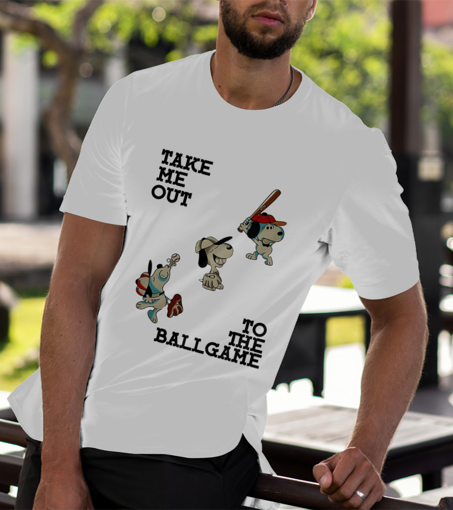 Snoopy Take Me Out To The Ballgame Baseball Red Cap Batting And Catching T-Shirt