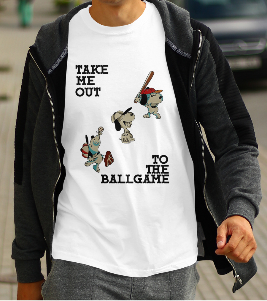 Snoopy Take Me Out To The Ballgame Baseball Red Cap Batting And Catching T-Shirt