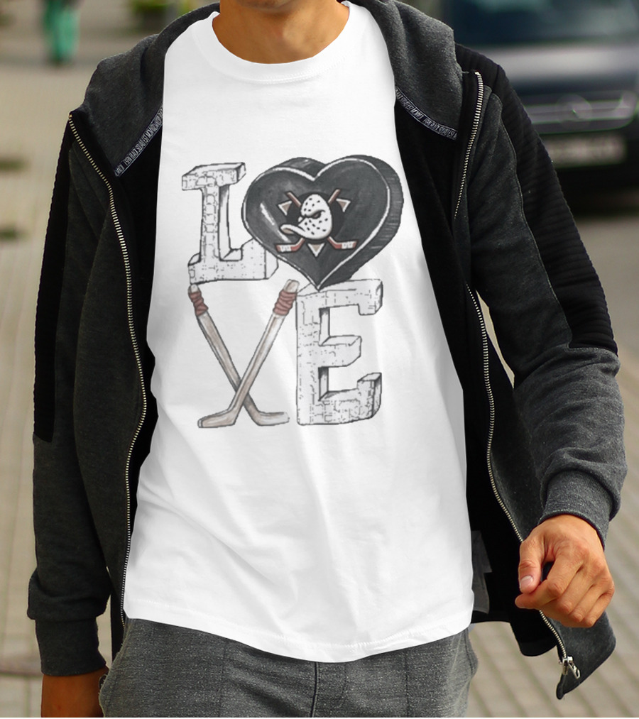 Anaheim Ducks Puck Heart Love Hockey Sticks T-Shirt