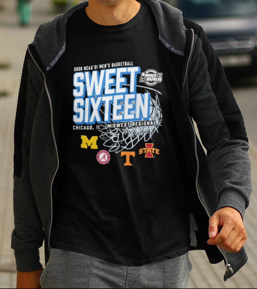 2026 NCAA DI Men's Basketball Sweet Sixteen Chicago IL Midwest Regional Michigan Alabama Tennessee Iowa State T-Shirt
