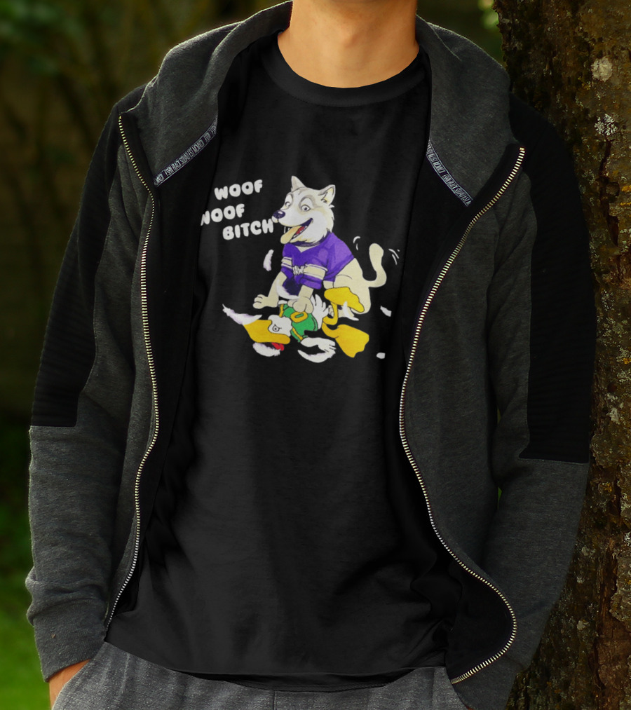 Washington Huskies Woof Woof Bitch Cartoon Mascot Scene T-Shirt