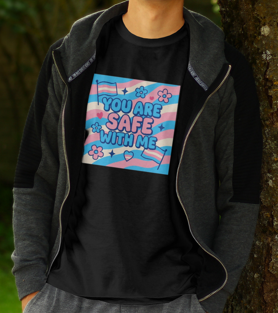You Are Safe With Me Transgender Flag Heart Flowers And Stars T-Shirt