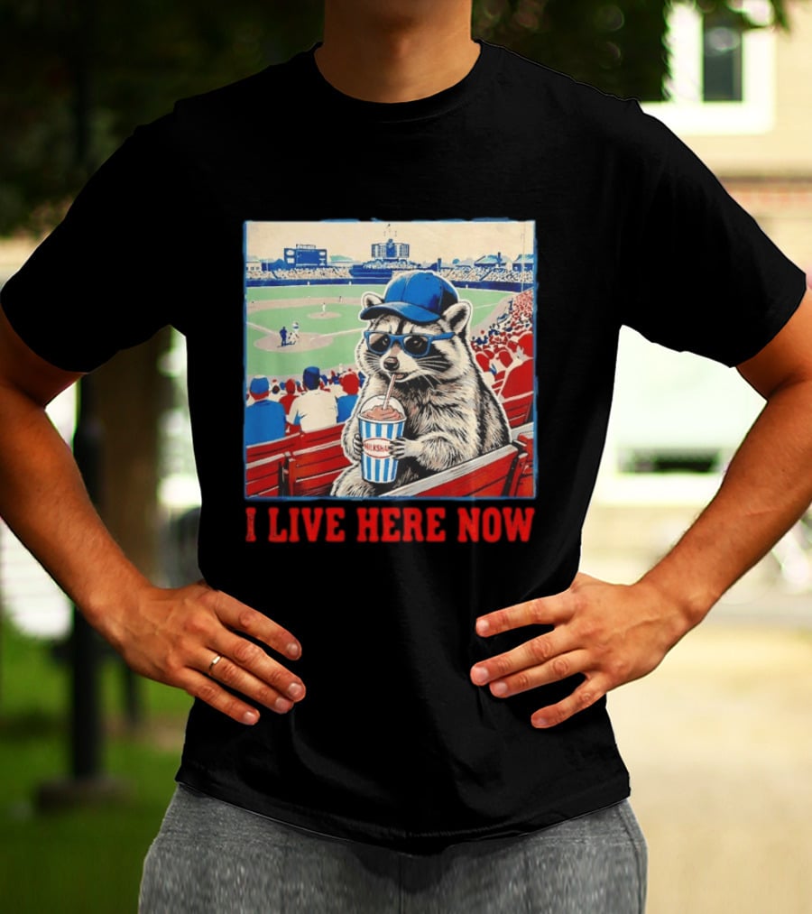 Raccoon Milkshake Baseball Field I Live Here Now T-Shirt
