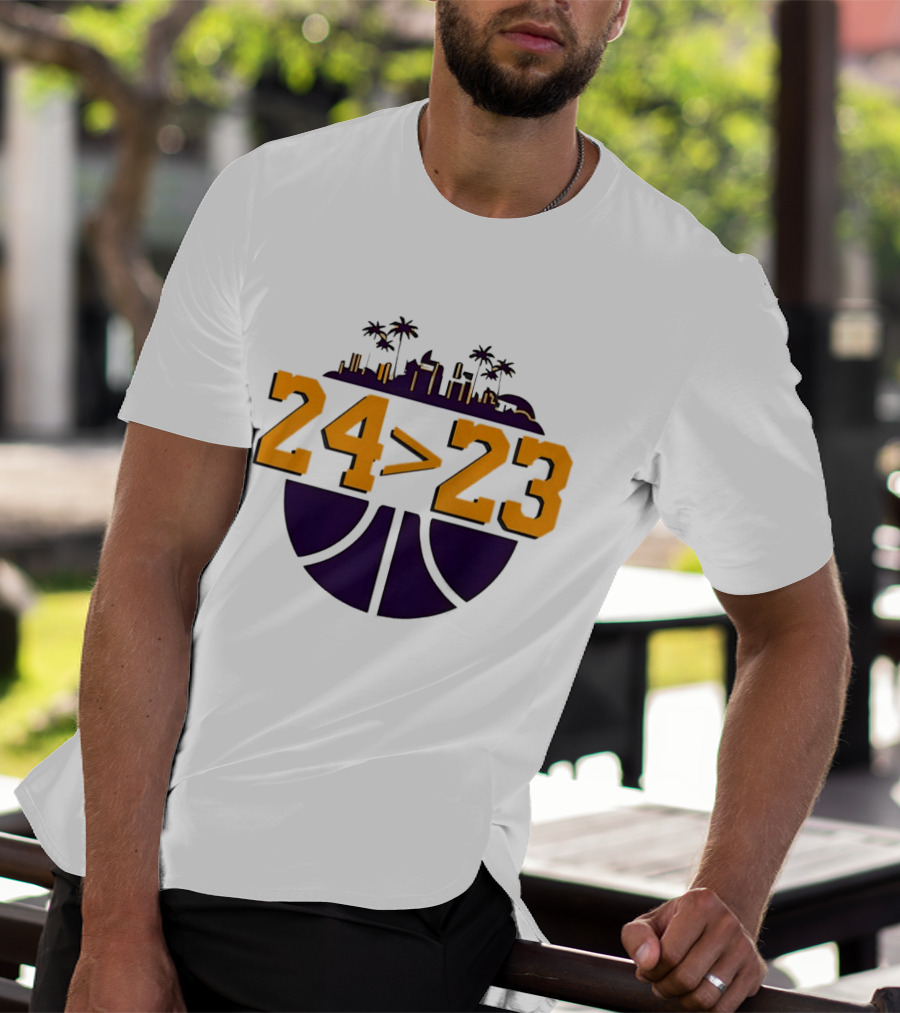 Kobe Bryant LeBron James 24 Greater Than 23 Basketball Skyline T-Shirt