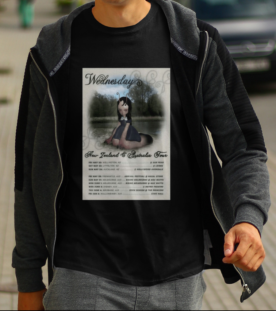 Wednesday New Zealand Australia Tour 2026 Wellington Lyttelton Auckland Fremantle Melbourne Sydney Brisbane Mullumbimby T-Shirt