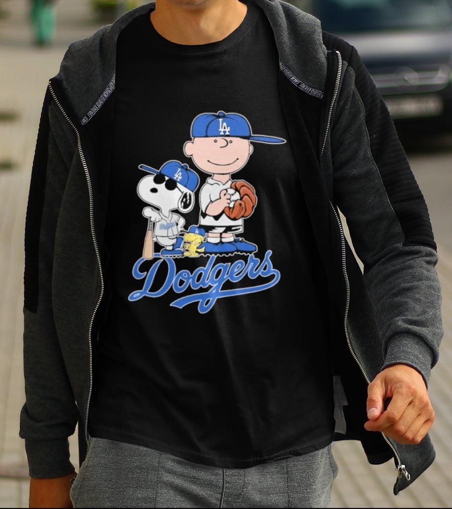 Los Angeles Dodgers Peanuts Snoopy Charlie Brown Woodstock Baseball Collaboration T-Shirt