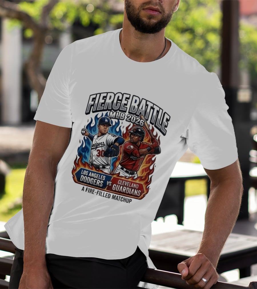 Fierce Battle MLB 2026 Los Angeles Dodgers Vs Cleveland Guardians Fire Filled Matchup T-Shirt