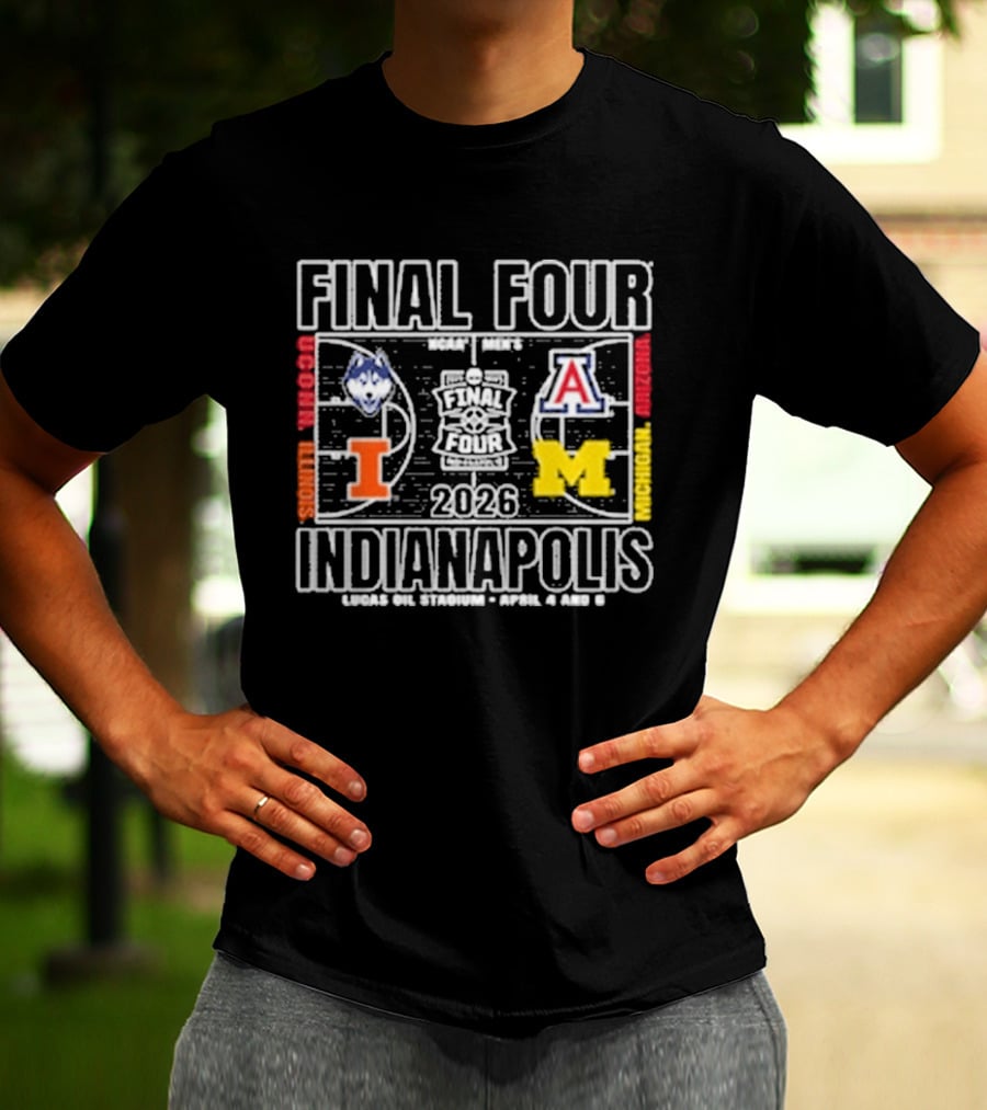 Final Four 2026 Indianapolis Michigan UConn Arizona Illinois Basketball Court T-Shirt