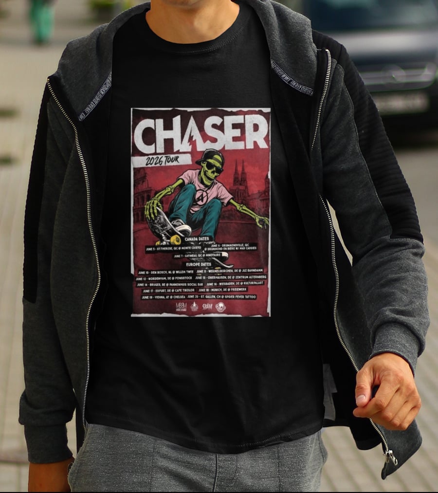 Chaser 2026 Tour Canada Europe Dates Skeleton Skateboarding T-Shirt