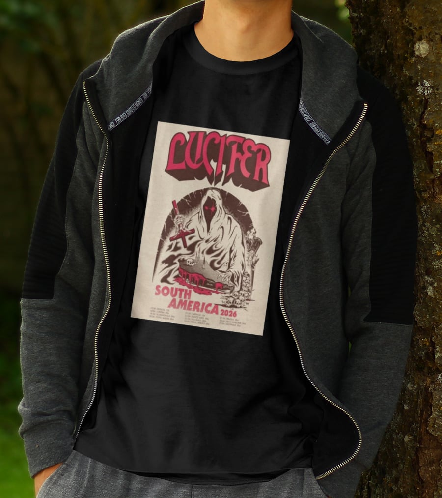 Lucifer South America 2026 Tour Schedule With Hooded Figure And Skulls T-Shirt