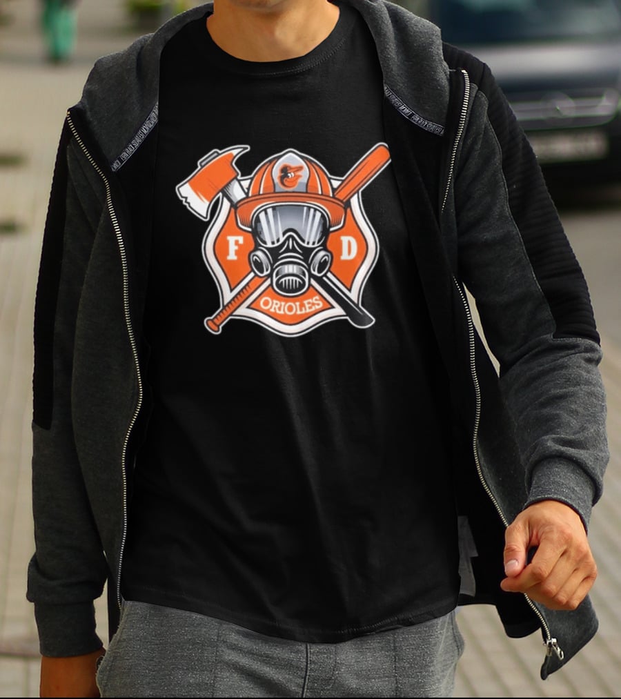 2026 Orioles FD Firefighter Appreciation Mask Helmet Axe Crossed Bat T-Shirt