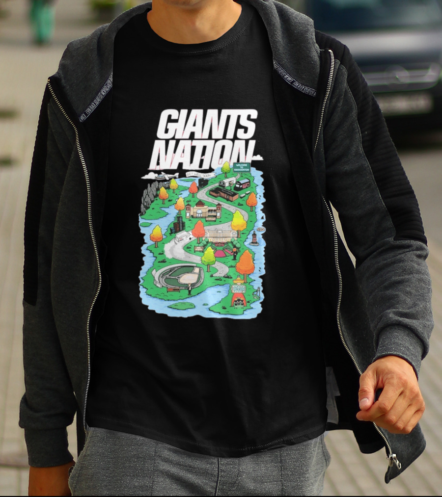 Bobby Skinner Giants Nation Cartoon Landscape Get Well Soon Welcome To Giants Nation Balloon Trees River T-Shirt