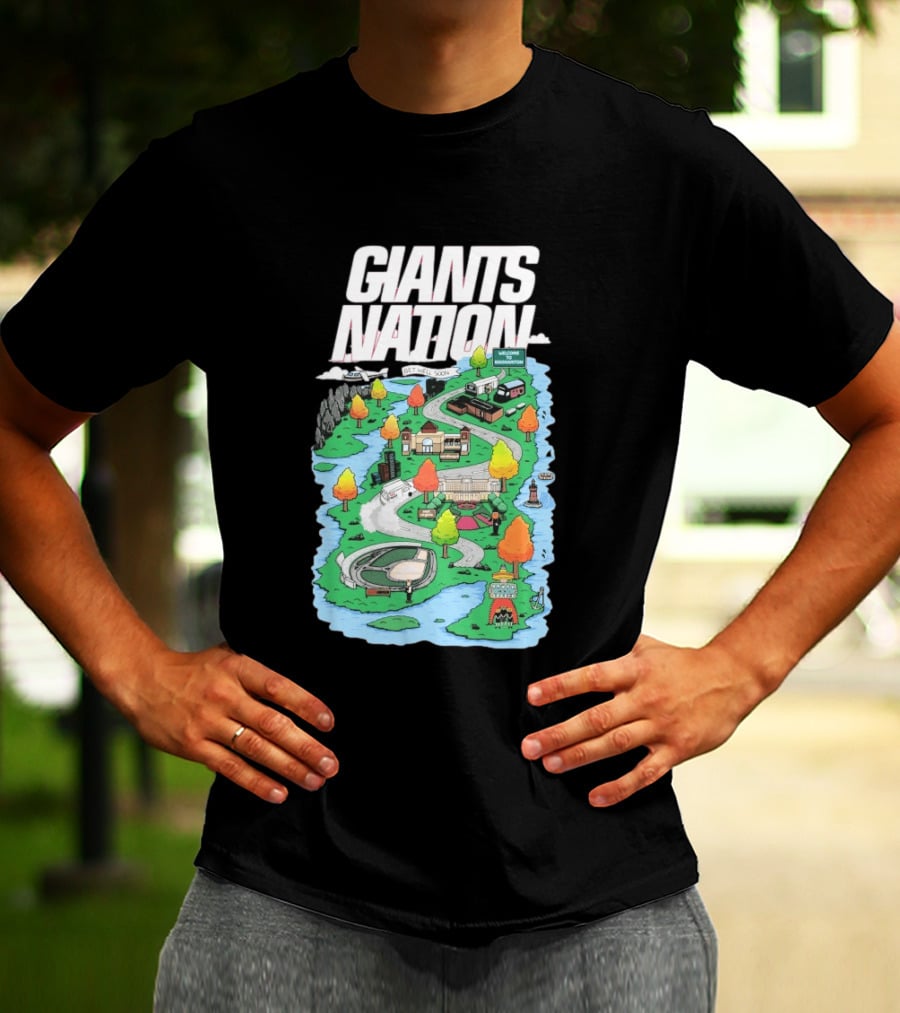 Bobby Skinner Giants Nation Cartoon Landscape Get Well Soon Welcome To Giants Nation Balloon Trees River T-Shirt