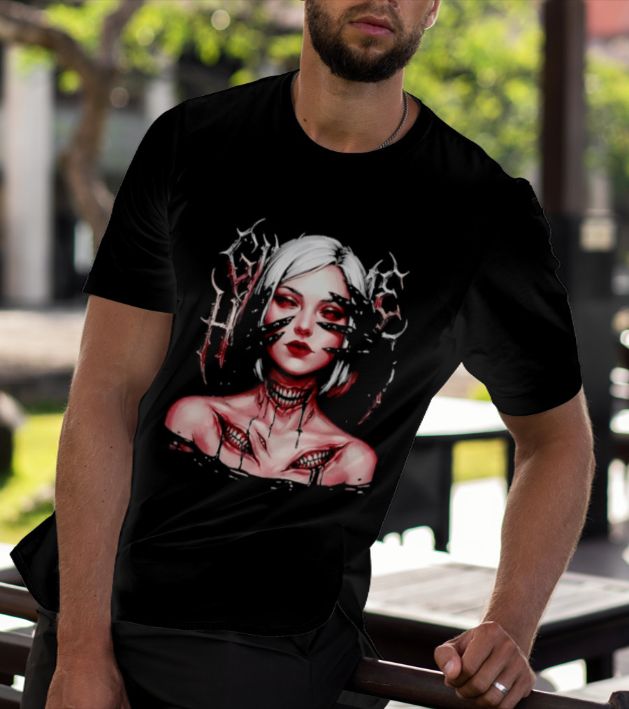 Dark Embrace Washed Creepy Pale Woman Fantasy Eyes T-Shirt