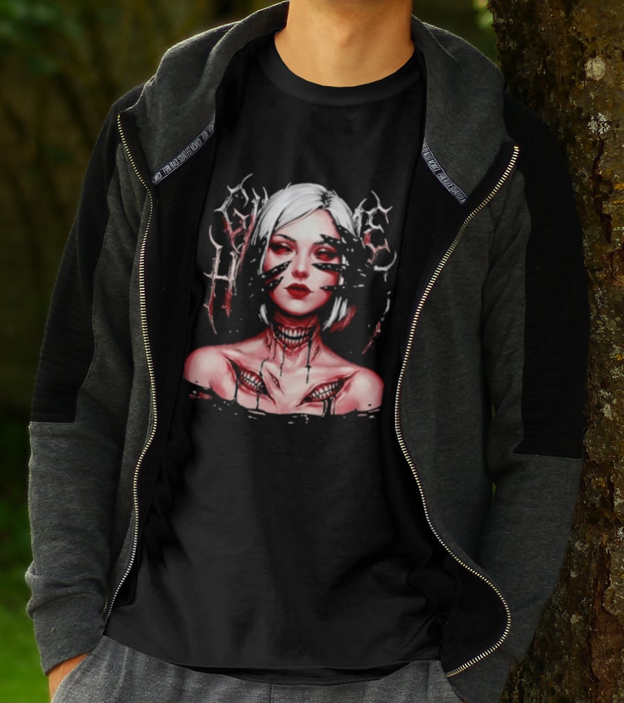 Dark Embrace Washed Creepy Pale Woman Fantasy Eyes T-Shirt