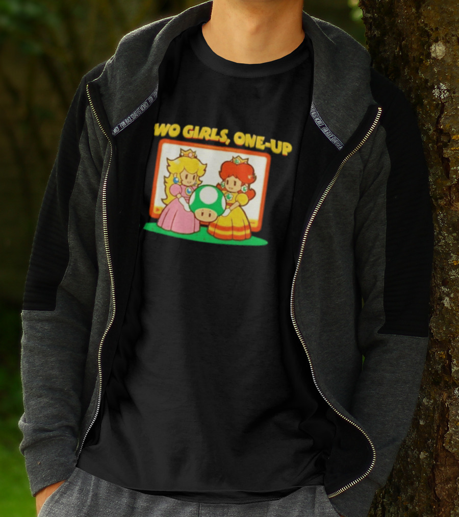Two Girls One Up Mario Princess Peach Daisy 1 Up Mushroom T-Shirt