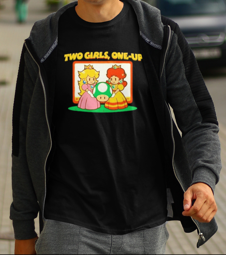 Two Girls One Up Mario Princess Peach Daisy 1 Up Mushroom T-Shirt