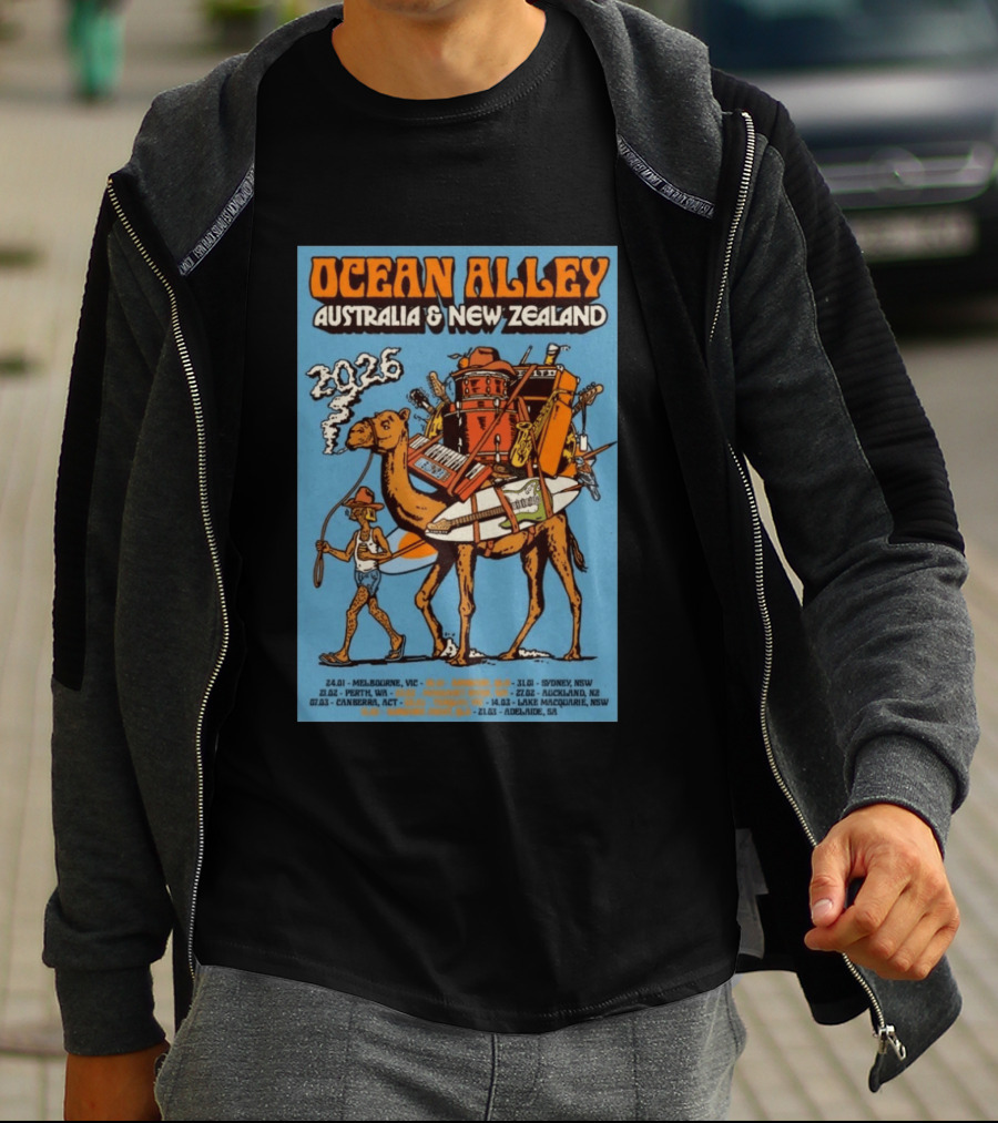 Ocean Alley Australia New Zealand 2026 Tour Dates With Camel And Musical Gear T-Shirt