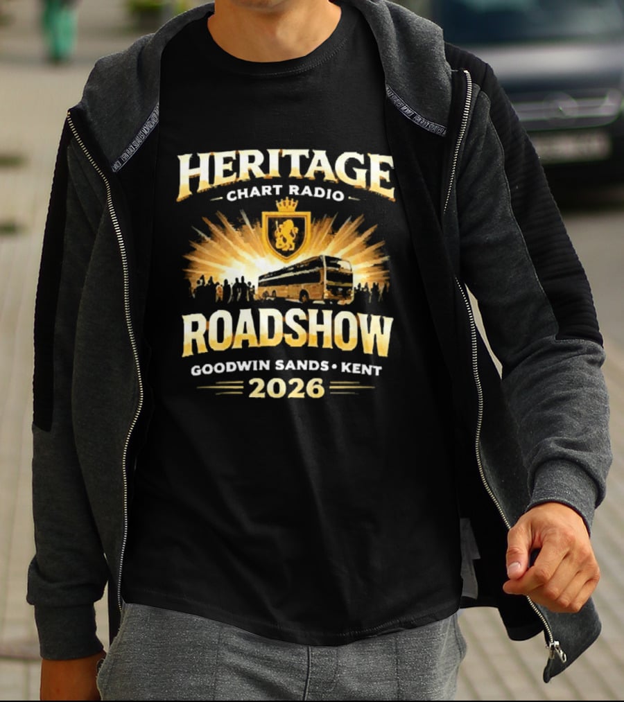 Heritage Chart Radio Roadshow Goodwin Sands Kent 2026 Lion Crest Bus Tour T-Shirt