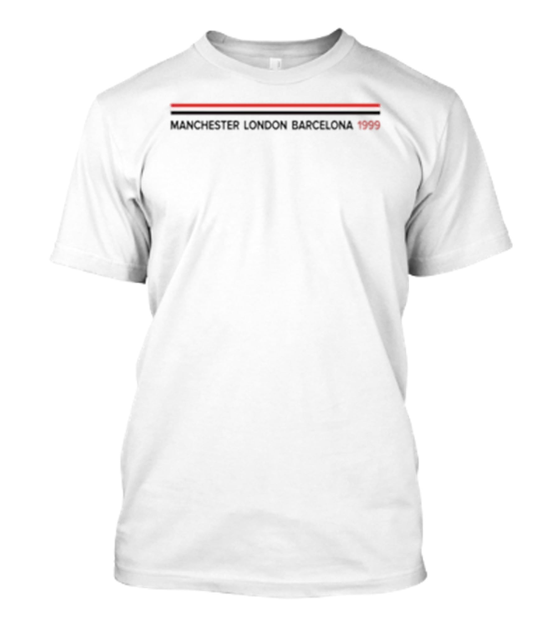 Manchester London Barcelona 1999 Red Stripe Football History T-Shirt