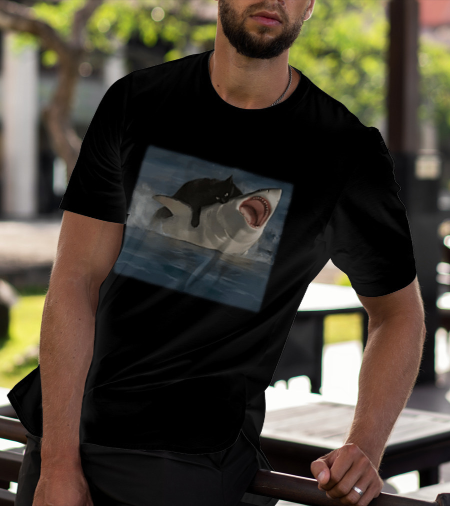 Black Cat Riding On Great White Shark Ocean Adventure T-Shirt