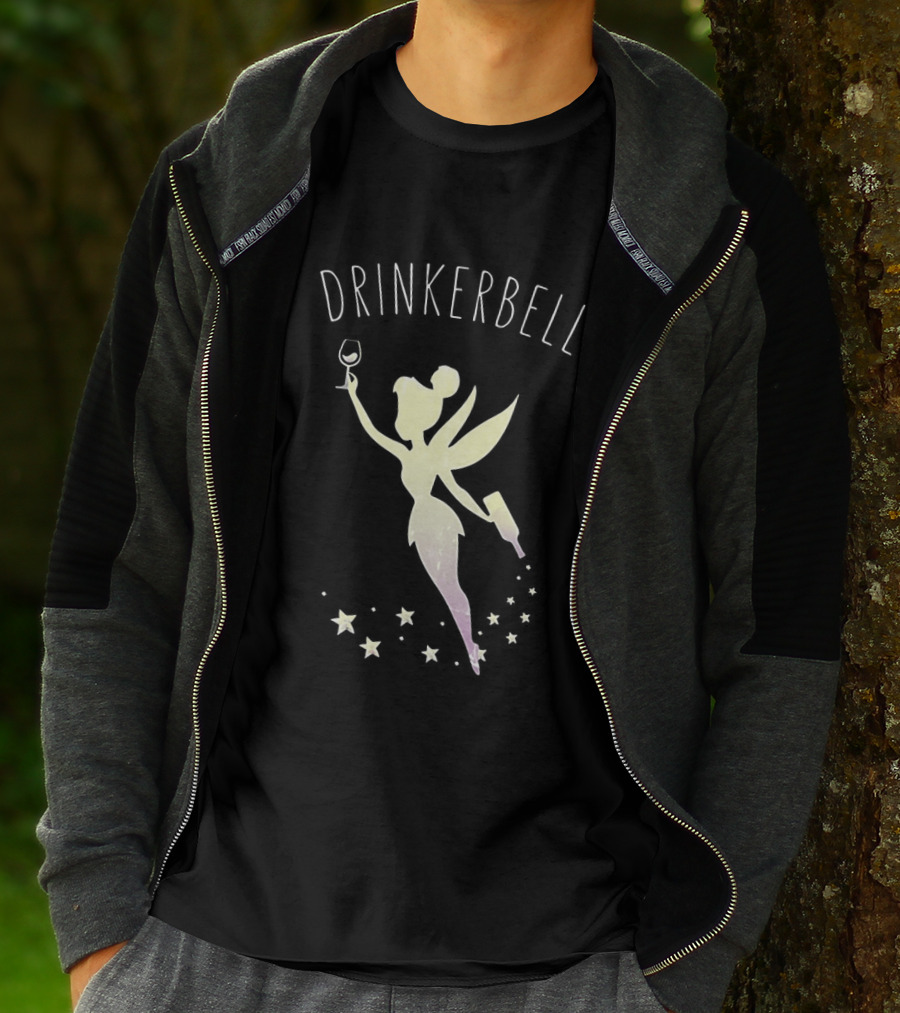 Drinkerbell Fairy Silhouette With Wine Glass And Bottle Stars T-Shirt