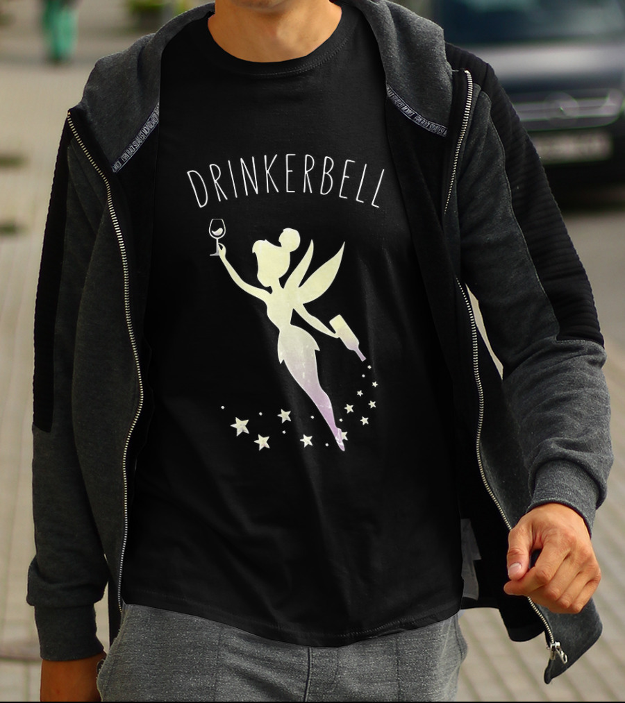 Drinkerbell Fairy Silhouette With Wine Glass And Bottle Stars T-Shirt
