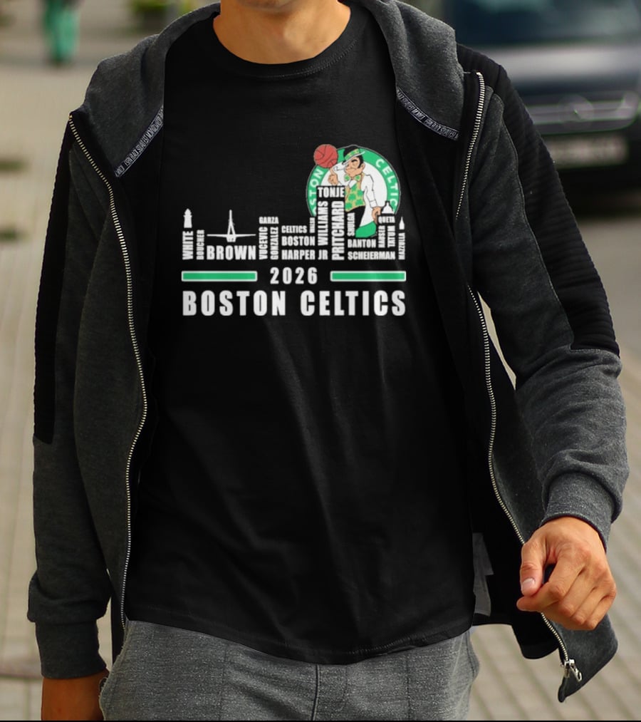 2026 Boston Celtics Brown Tatum Brogdon Porzingis White Smart Hoops Skyline T-Shirt