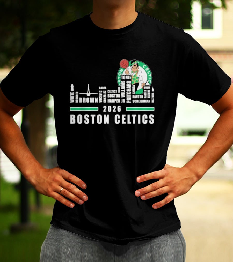 2026 Boston Celtics Brown Tatum Brogdon Porzingis White Smart Hoops Skyline T-Shirt