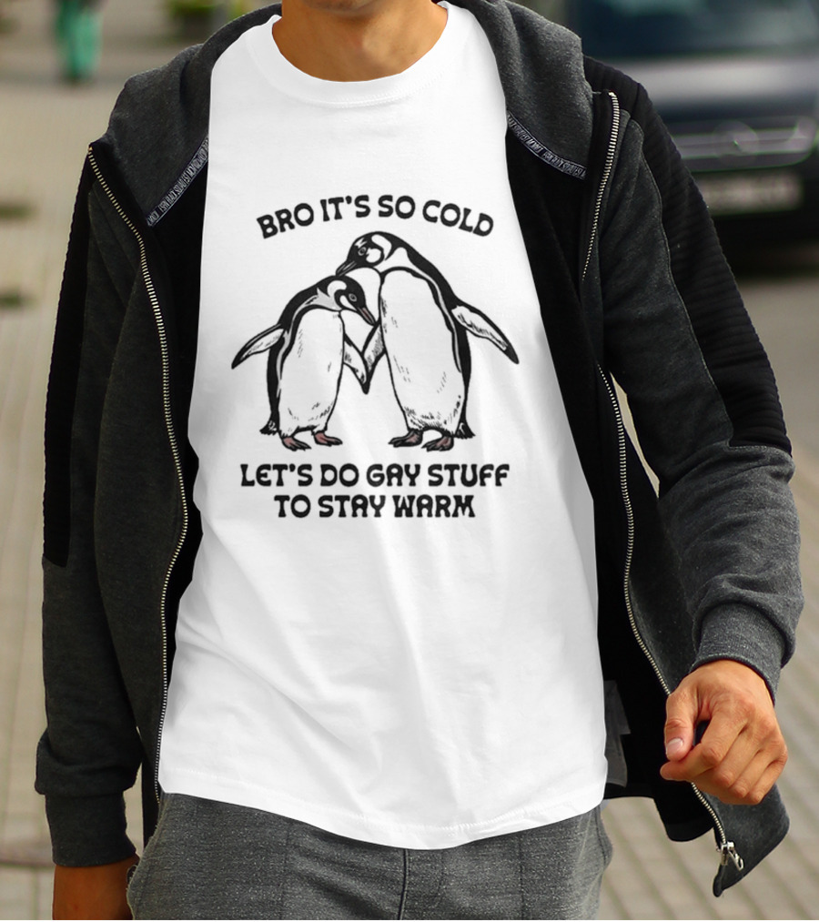 Bro It's So Cold Let's Do Gay Stuff To Stay Warm Penguins Hugging T-Shirt