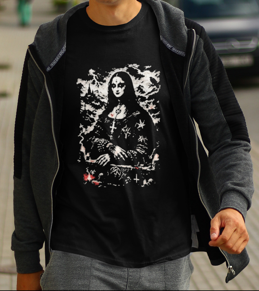 Gothic Metal Mona Lisa Cross And Stars T-Shirt