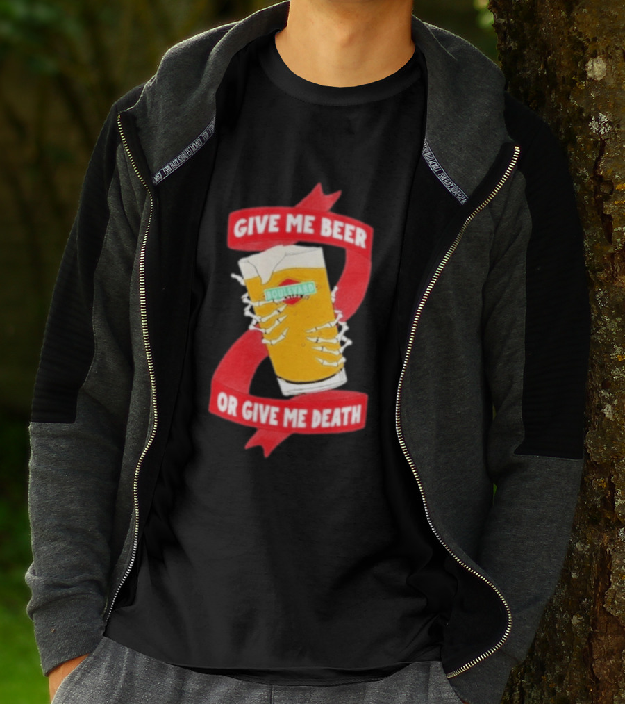 Boulevard Brewing Give Me Beer Or Give Me Death Skeleton Hands Holding Beer Glass T-Shirt