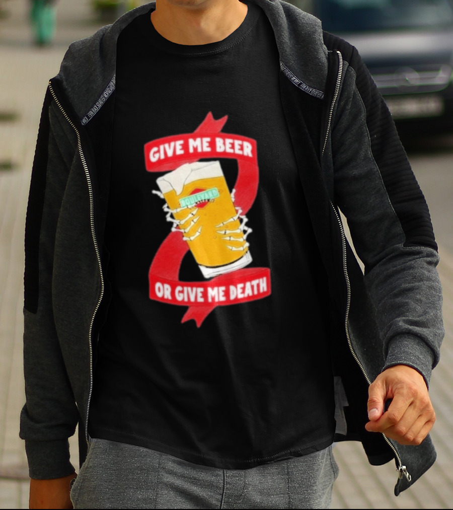 Boulevard Brewing Give Me Beer Or Give Me Death Skeleton Hands Holding Beer Glass T-Shirt