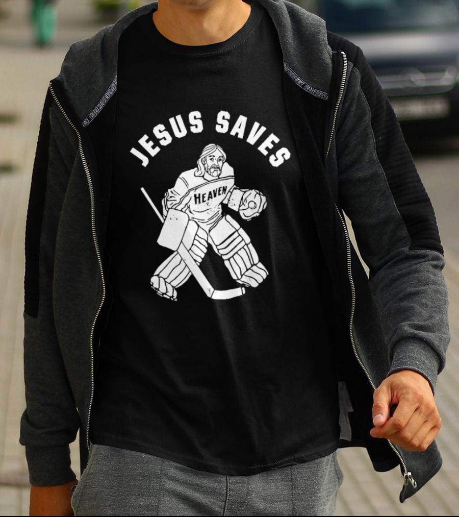 Jesus Saves Hockey Goalie Blocking Puck T-Shirt